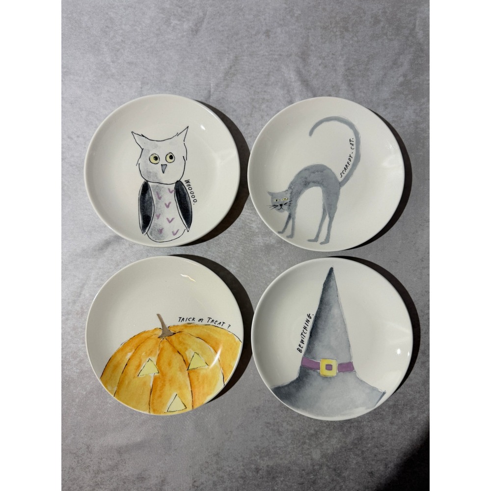 Rae Dunn Magenta Halloween Appetizer Plates Set of 4‎ Owl Cat Pumpkin Witch Hat